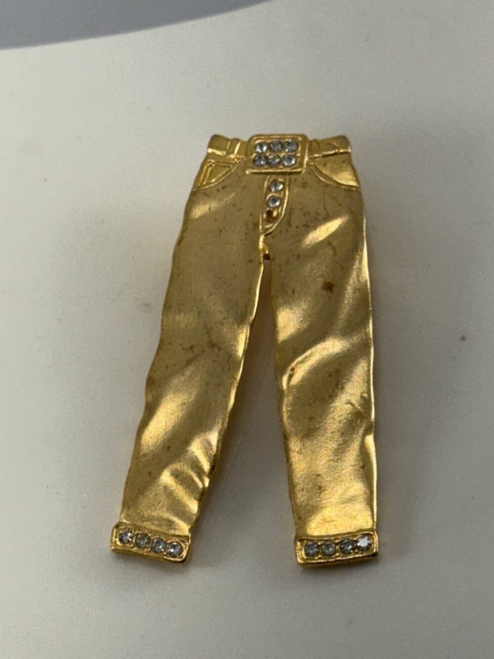 Vintage JJ Jonette Jewelry Rhinestone Pants Jeans Brooch Pin Gold Tone Figural